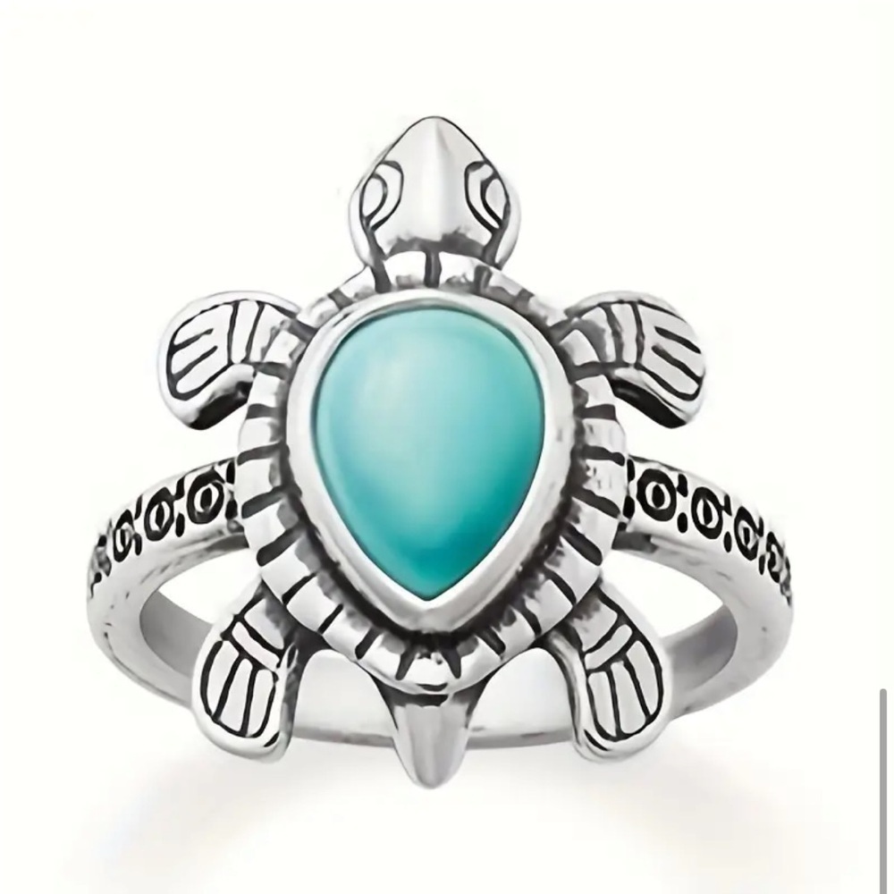 Sea Turtle Ring Size 9 Boho Tribal Faux Turquoise Antiqued Silver Tone Unisex